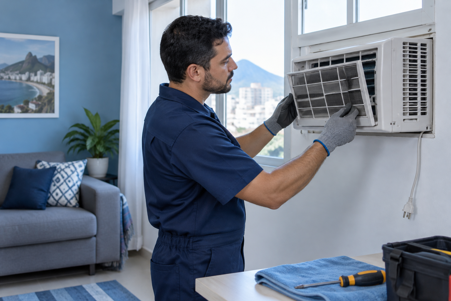 Técnico inspeciona o painel de um ar-condicionado de janela em uma sala.