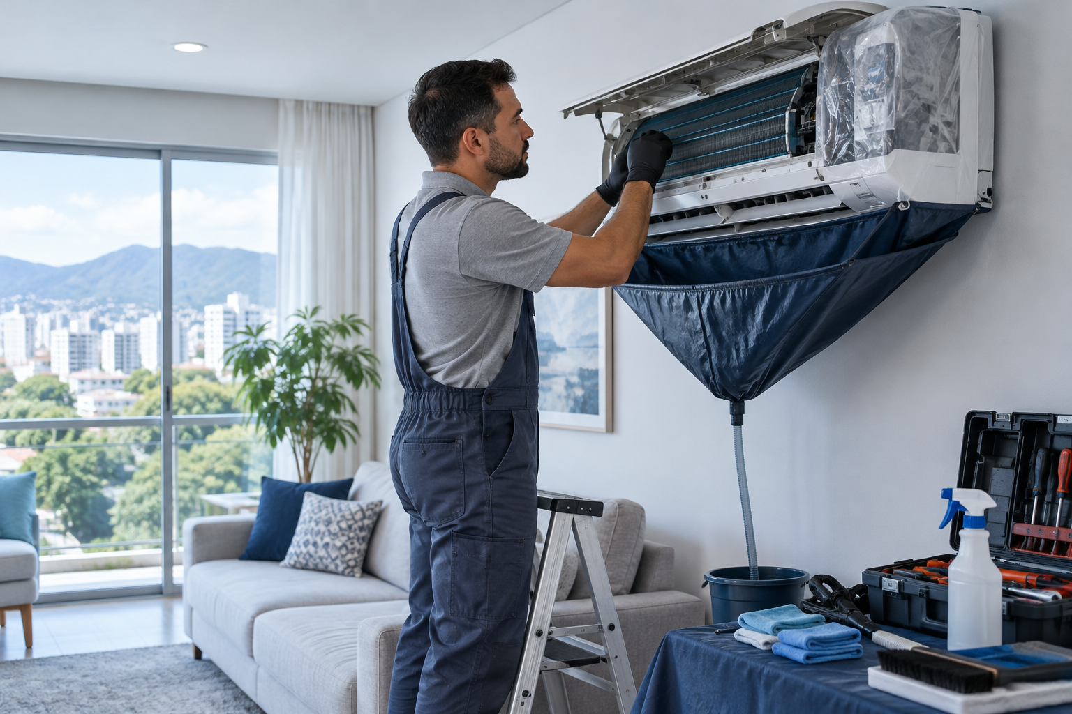 Técnico inspeciona ar-condicionado Split aberto e preparado para higienização.