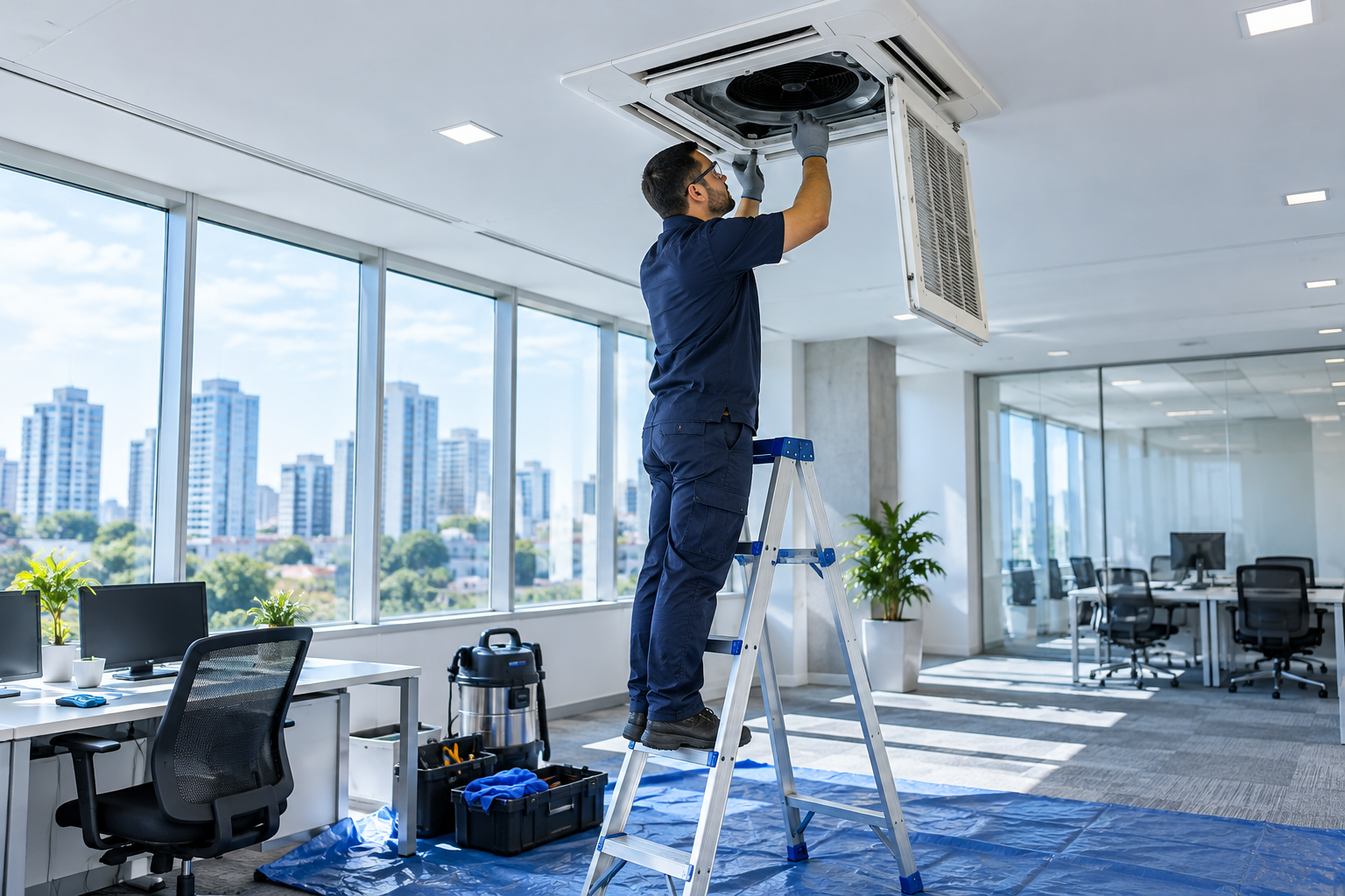 Técnico inspeciona ar-condicionado cassete no teto de um ambiente comercial.
